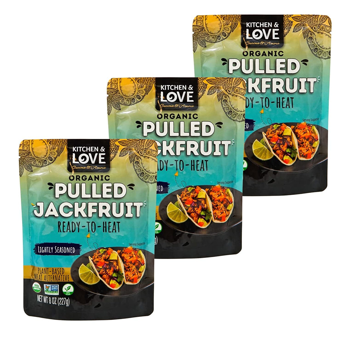 Kitchen & Love jackfruit lightly seasoned pack, ready to heat for quick plant-based meals.