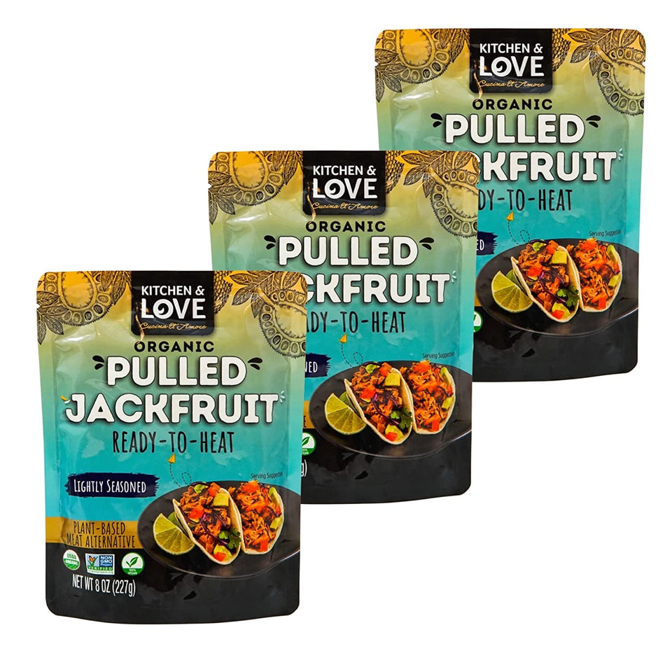 Kitchen & Love jackfruit lightly seasoned pack, ready to heat for quick plant-based meals.