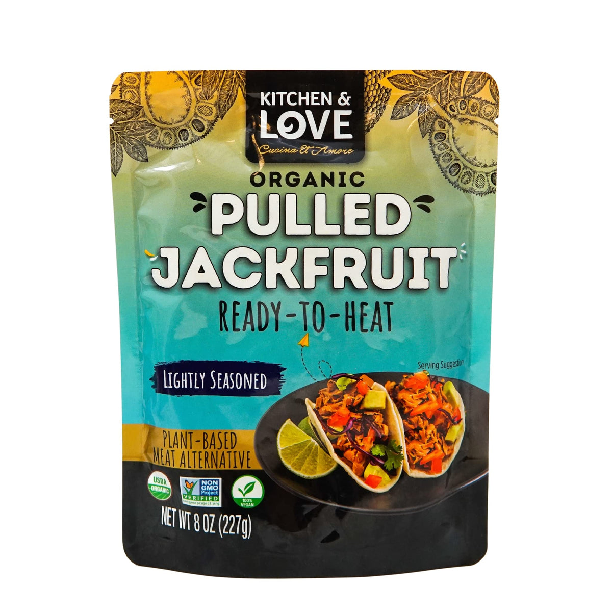 Kitchen & Love jackfruit in a taco shell, illustrating versatile meal options.