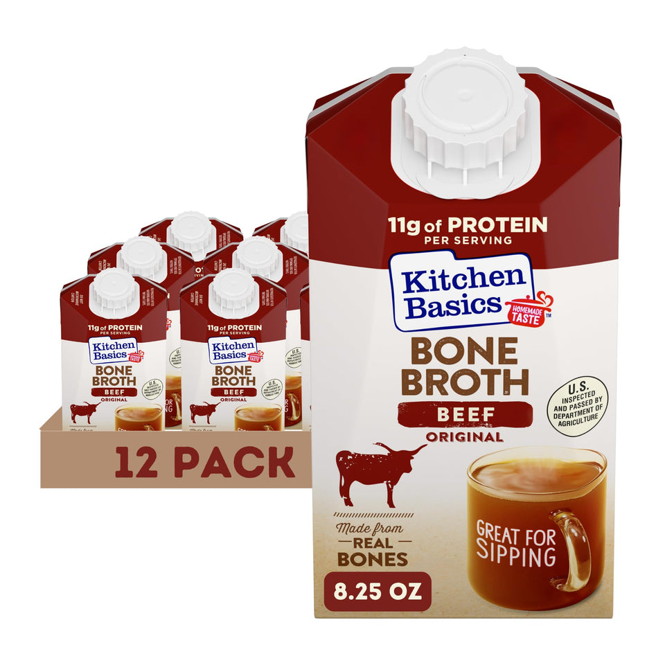 Kitchen Basics Beef Bone Broth carton closeup showcases rich flavor ready for soups