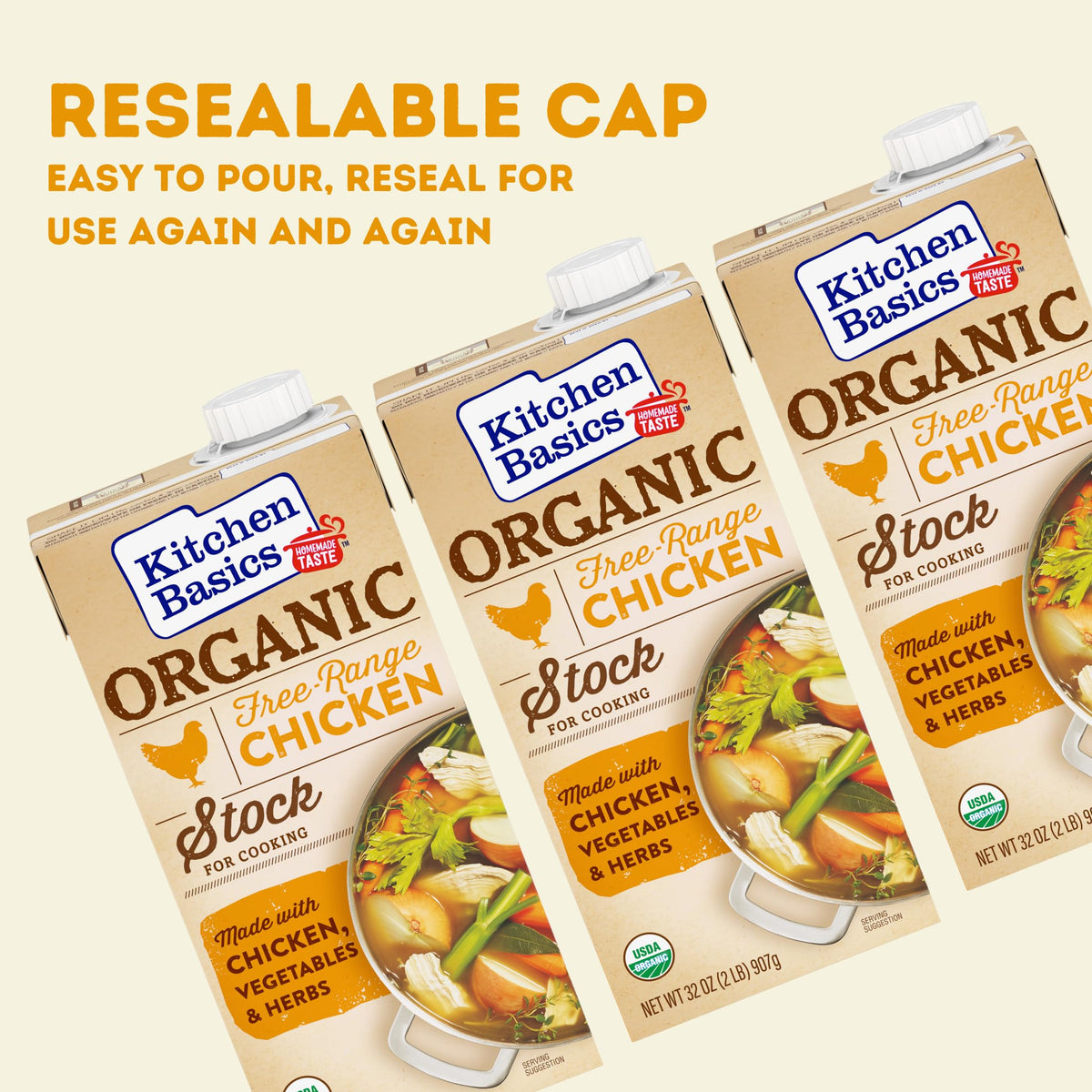 Kitchen Basics Organic Free Range Chicken Stock label ingredients highlighting organic gluten-free options
