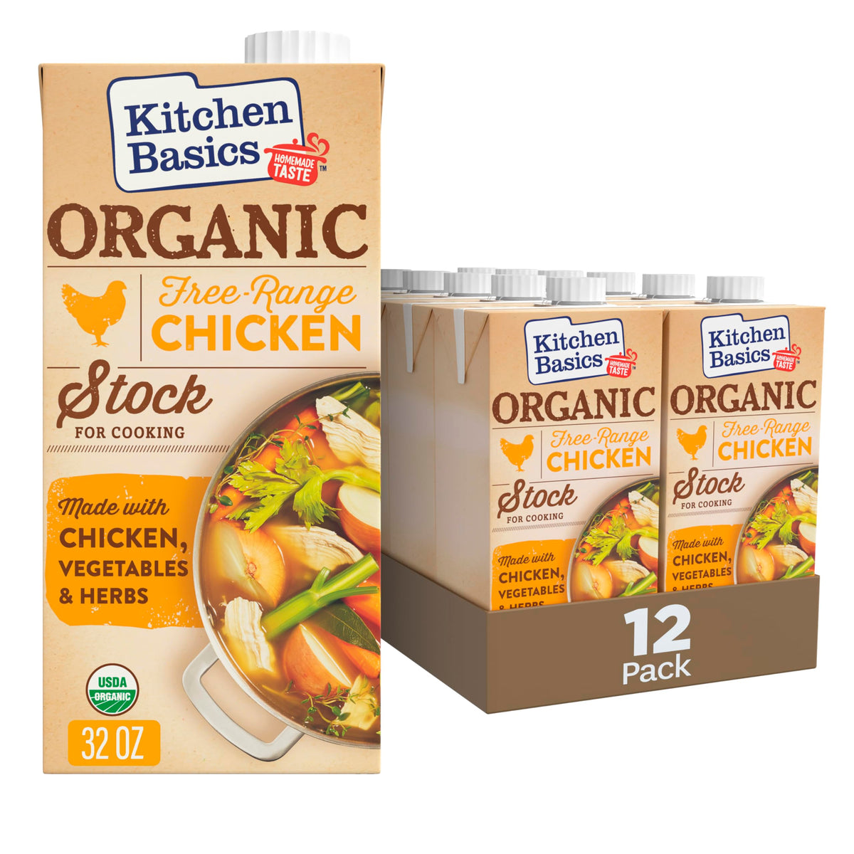 Kitchen Basics Organic Free Range Chicken Stock pour showing rich color and ready-to-use base