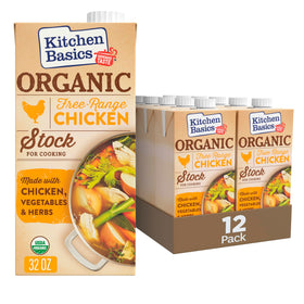 Kitchen Basics Organic Free Range Chicken Stock pour showing rich color and ready-to-use base