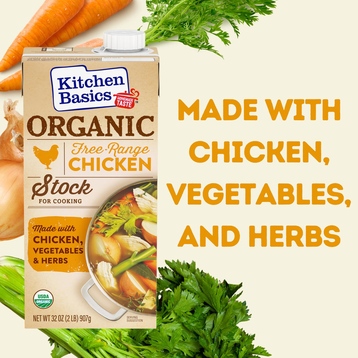 Kitchen Basics Organic Free Range Chicken Stock bowl of soup ready for flavor enhancement