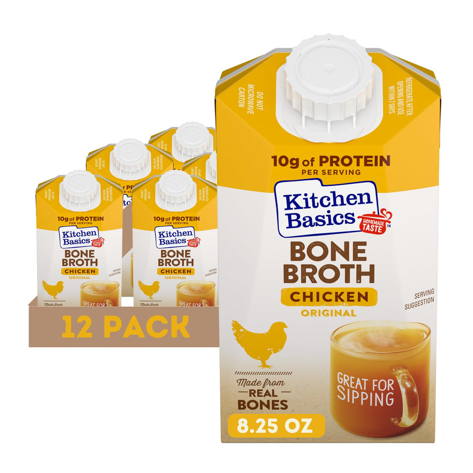 Kitchen Basics Original Chicken Bone Broth bottles on shelf showing rich flavor