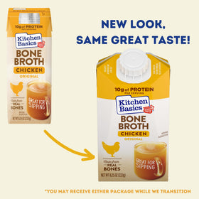 Pouring Kitchen Basics chicken bone broth into a pot for cooking