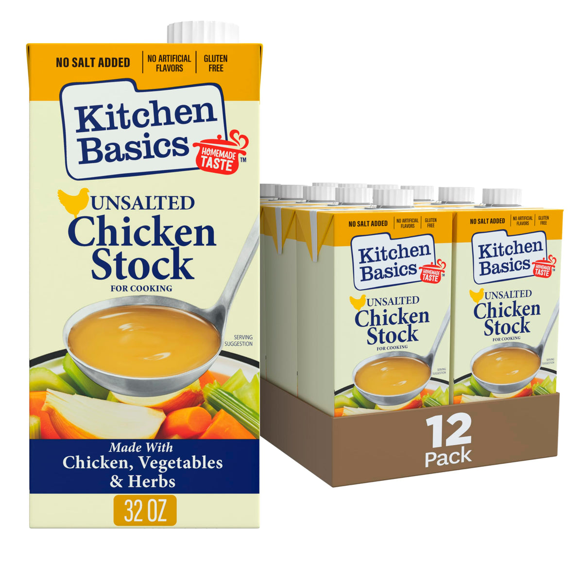 Kitchen Basics Unsalted Chicken Stock being poured to start a rich soup base