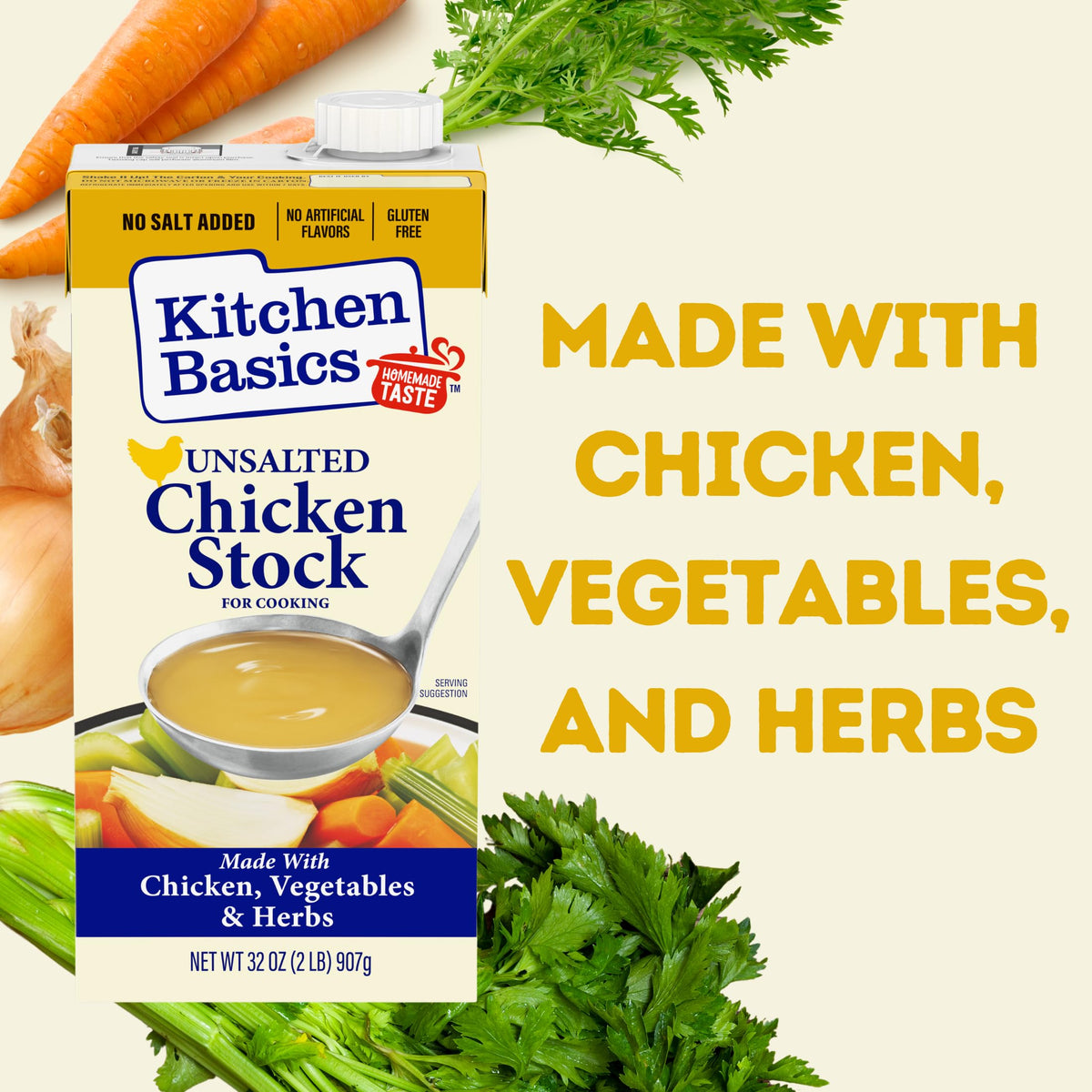 Resealable carton of Kitchen Basics Unsalted Chicken Stock for easy pantry storage