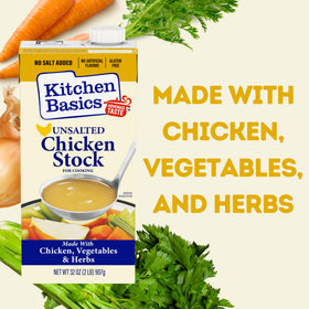 Resealable carton of Kitchen Basics Unsalted Chicken Stock for easy pantry storage
