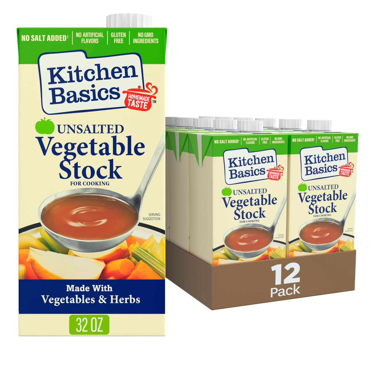 Kitchen Basics unsalted stock carton front label, versatile base for soups