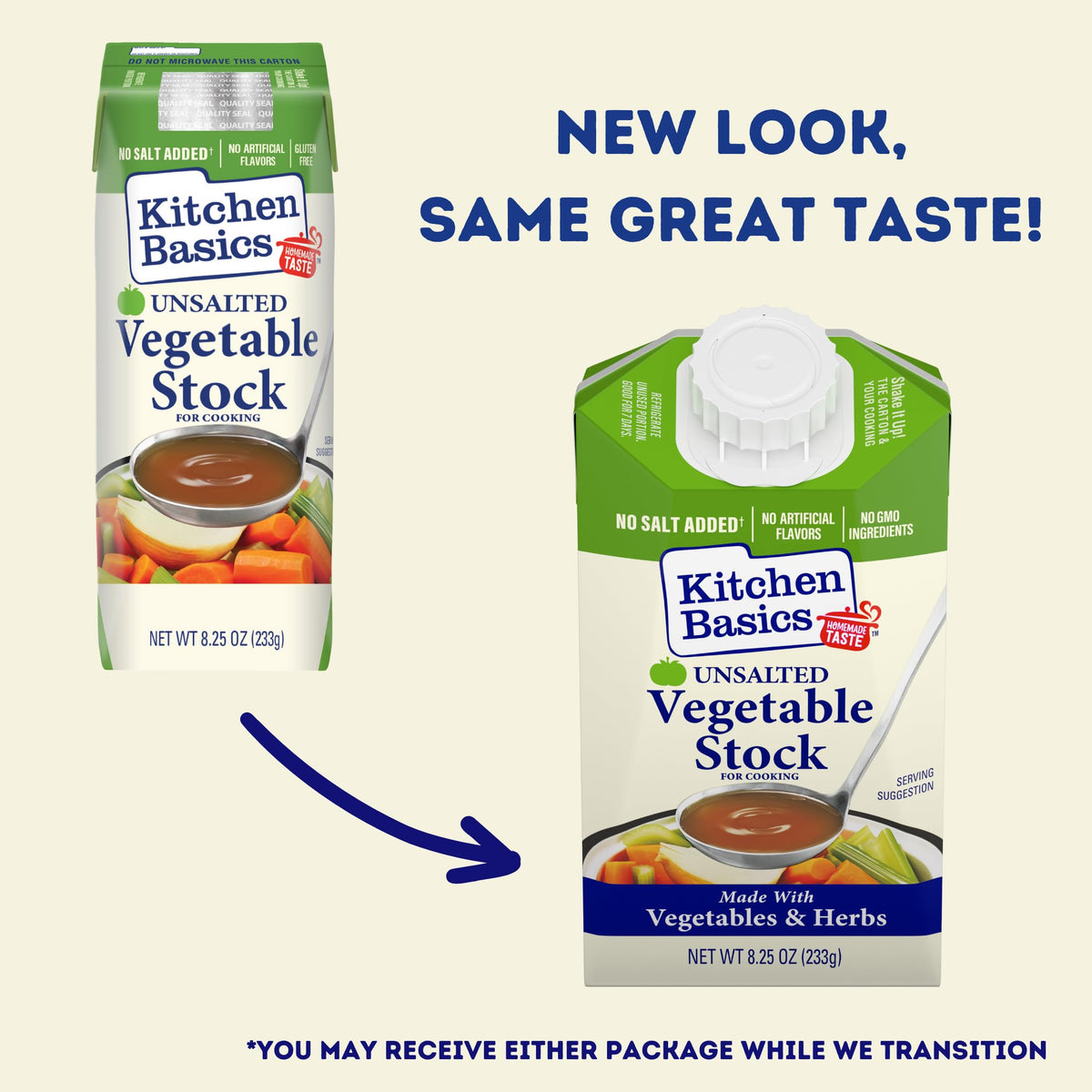 Kitchen Basics Unsalted Vegetable Stock carton label highlighting gluten-free and no added salt.