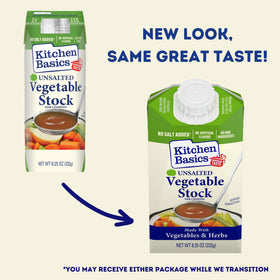 Kitchen Basics Unsalted Vegetable Stock carton label highlighting gluten-free and no added salt.