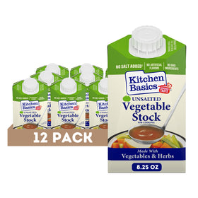 Kitchen Basics Unsalted Vegetable Stock carton on pantry shelf, ideal base for soups.