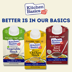 Kitchen Basics Unsalted Vegetable Stock label shows ingredients and gluten-free claim.