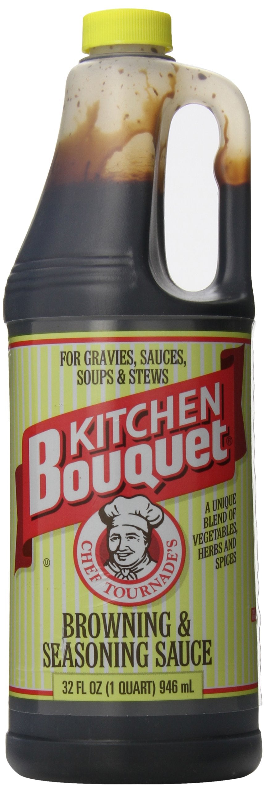 Kitchen Bouquet browning sauce bottle enhances color and flavor in soups, stews, and gravies.
