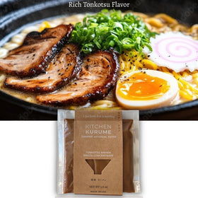 Pour image shows Kitchen Kurume Tonkotsu broth creamy, restaurant-style flow.