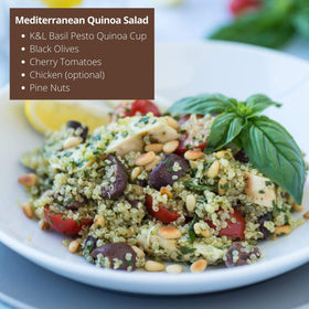 Shelf-stable packaging of Kitchen & Love Basil Pesto Quinoa for travel