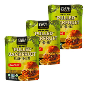 Kitchen and Love Jackfruit Sweet BBQ packaging highlights organic, gluten-free convenience.