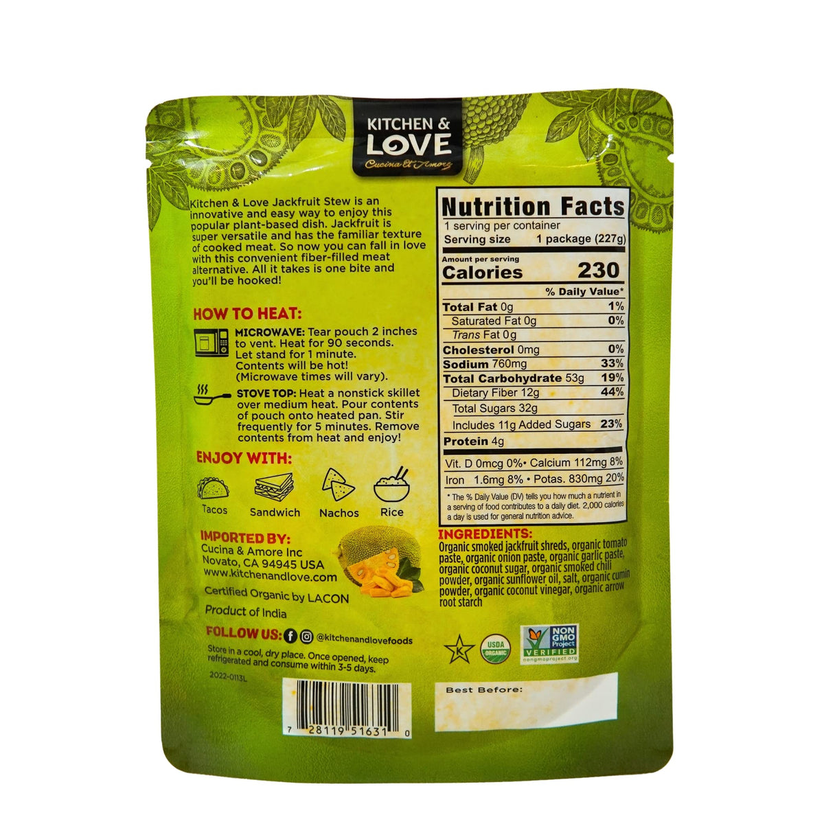 Kitchen and Love Jackfruit Sweet BBQ in a sandwich or tacos adds plant-based protein.