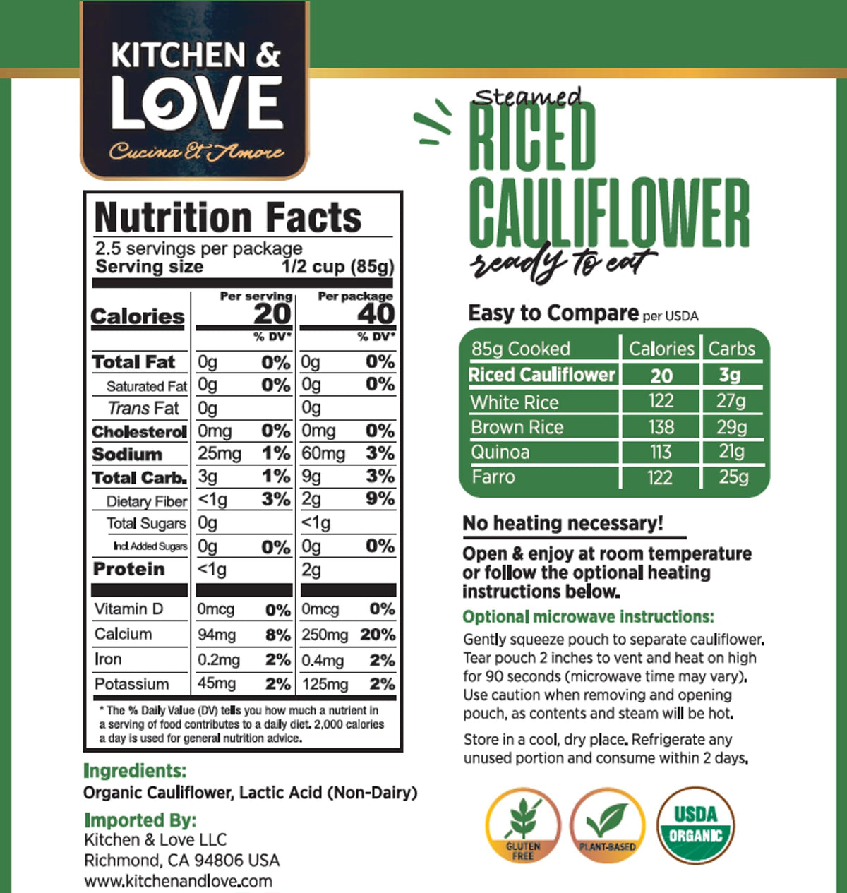 Kitchen & Love Organic Riced Cauliflower close-up highlights cauliflower rice texture for light meals.