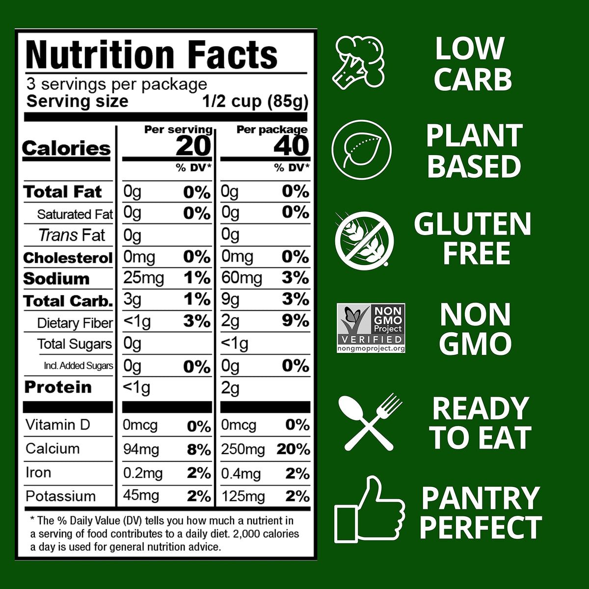 Kitchen & Love Organic Riced Cauliflower gluten-free label emphasizes plant-based convenience.