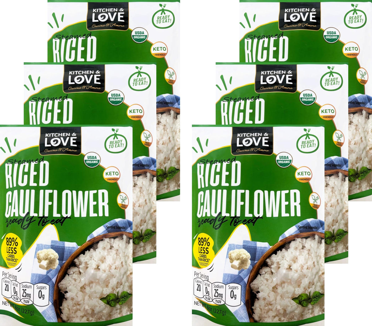 Kitchen & Love Organic Riced Cauliflower six-pack pack-shot, ready-to-heat base for quick meals.