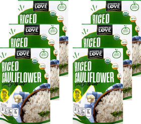 Kitchen & Love Organic Riced Cauliflower six-pack pack-shot, ready-to-heat base for quick meals.