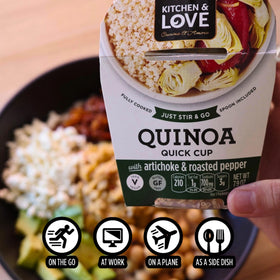 Kitchen & Love Quinoa quick cup with roasted peppers and mango for color and taste.