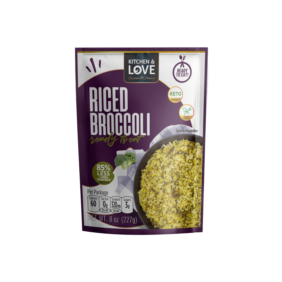 Kitchen & Love riced broccoli close-up reveals texture ideal for bowls and stir-fries.