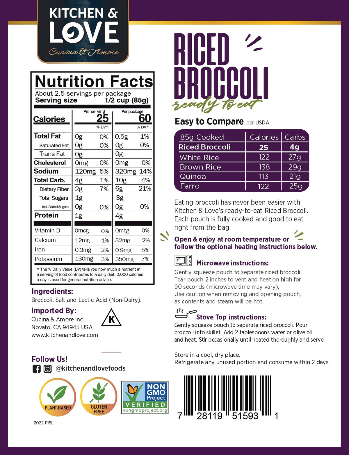 Kitchen & Love riced broccoli nutrition panel underscores its vegetable-forward base.