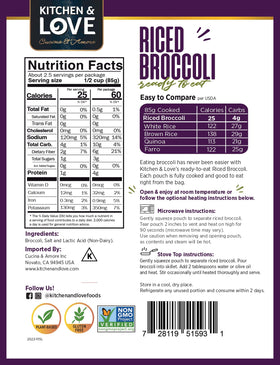 Kitchen & Love riced broccoli nutrition panel underscores its vegetable-forward base.