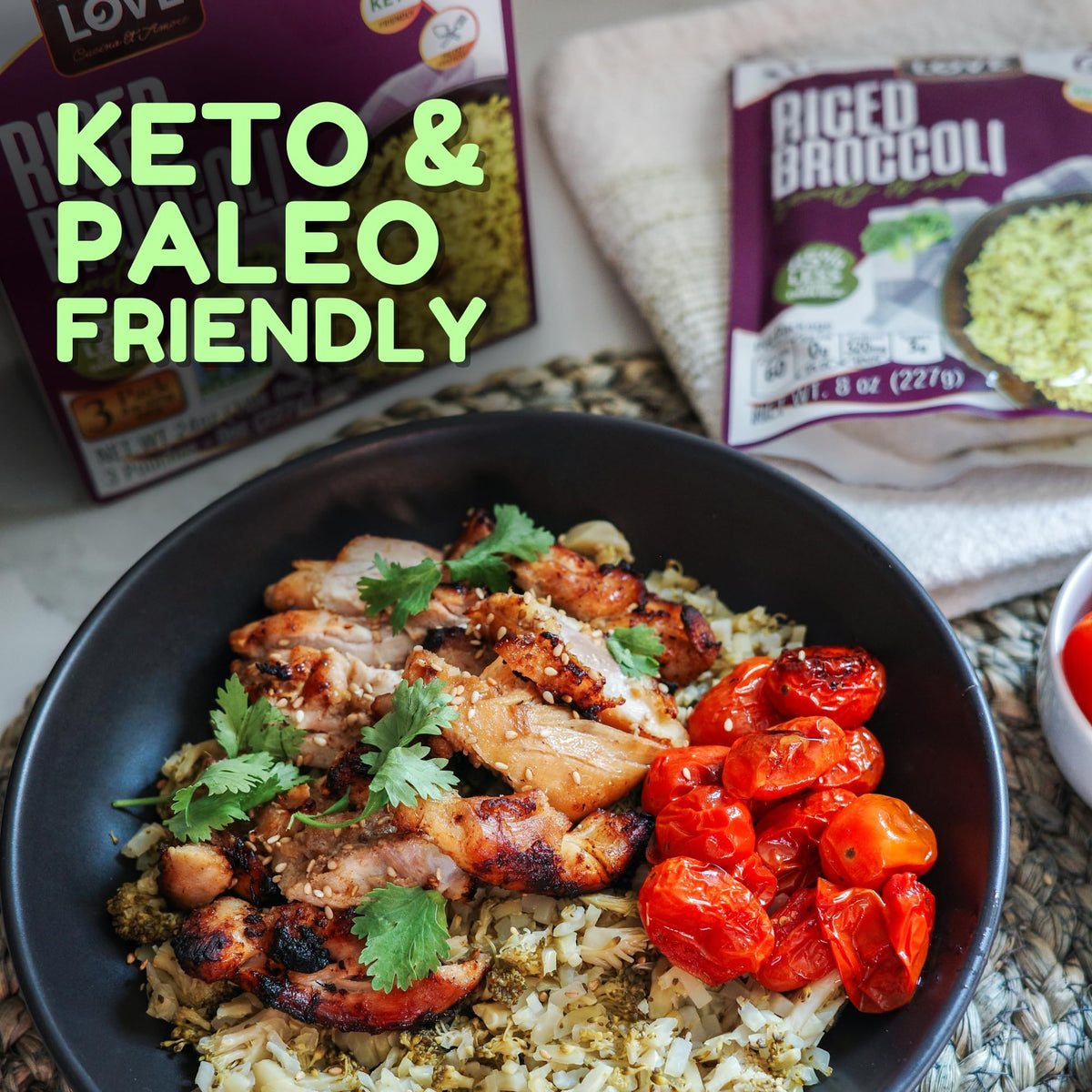 Kitchen & Love riced broccoli steam rises from a heated pouch for easy serving.