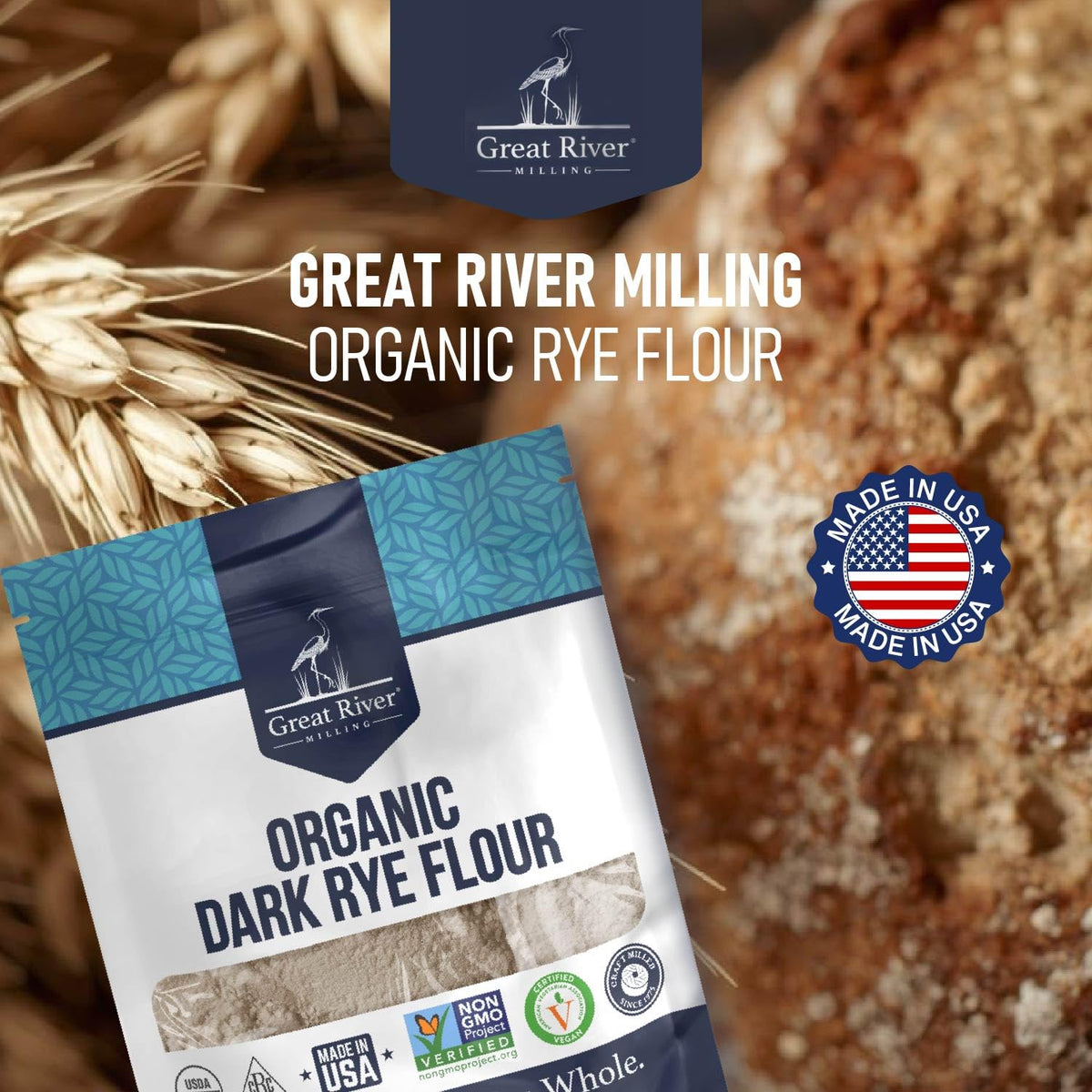 Kitchen scene shows Great River Milling Organic Dark Rye Flour for clean-label baking