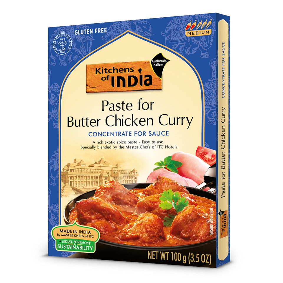 Kitchens Of India Butter Chicken Paste box showcases authentic flavor for quick home curries.