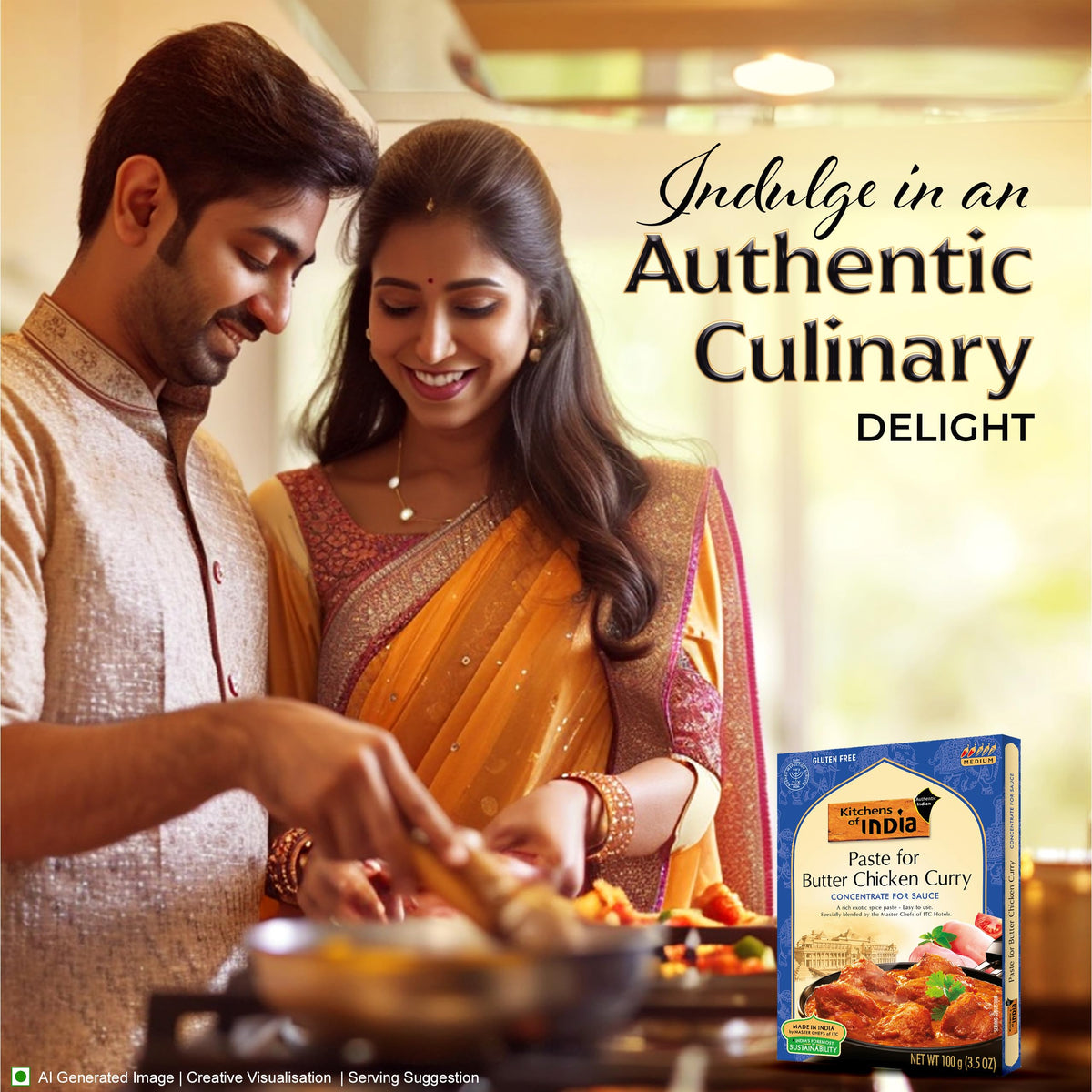 Microwave-ready Kitchens Of India Butter Chicken Paste plate emphasizes fast, flavorful Indian meals.