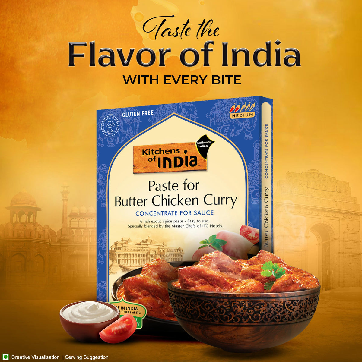 Pan-simmer scene with Kitchens Of India Butter Chicken Paste shows rich aroma and color.