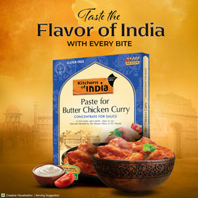 Pan-simmer scene with Kitchens Of India Butter Chicken Paste shows rich aroma and color.