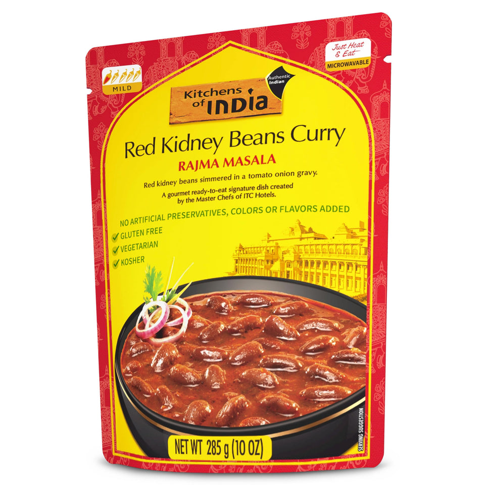 Kitchens Of India Rajma Masala pack front, authentic flavor in a convenient ready-to-eat format