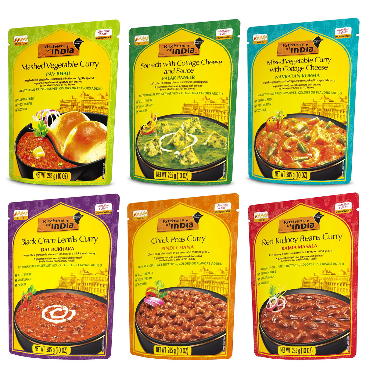 Kitchens Of India ready-to-eat dinner variety pack six 10-ounce meals, convenient gluten-free option