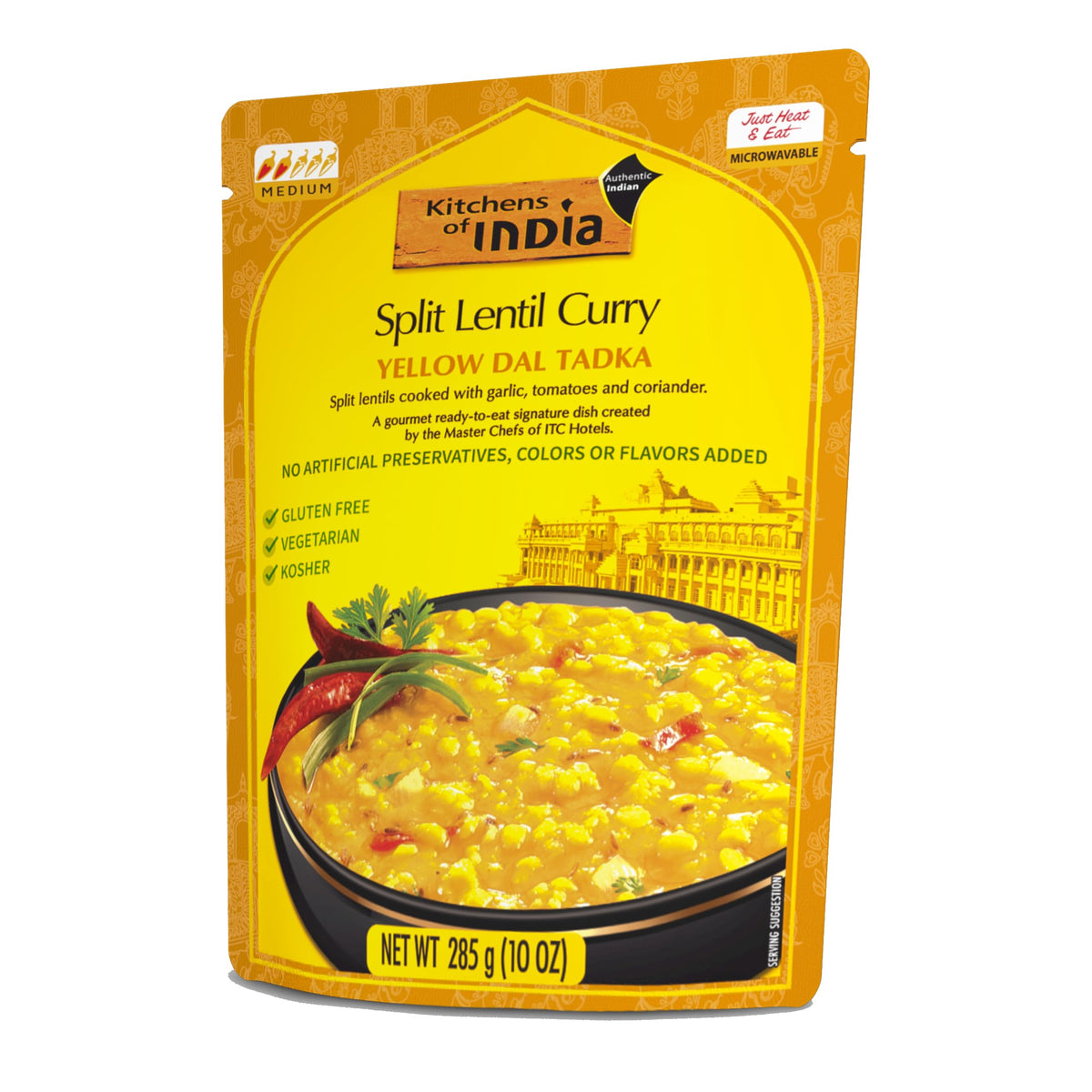 Kitchens of India Yellow Dal Tadka box opened, ready to heat for a quick meal.