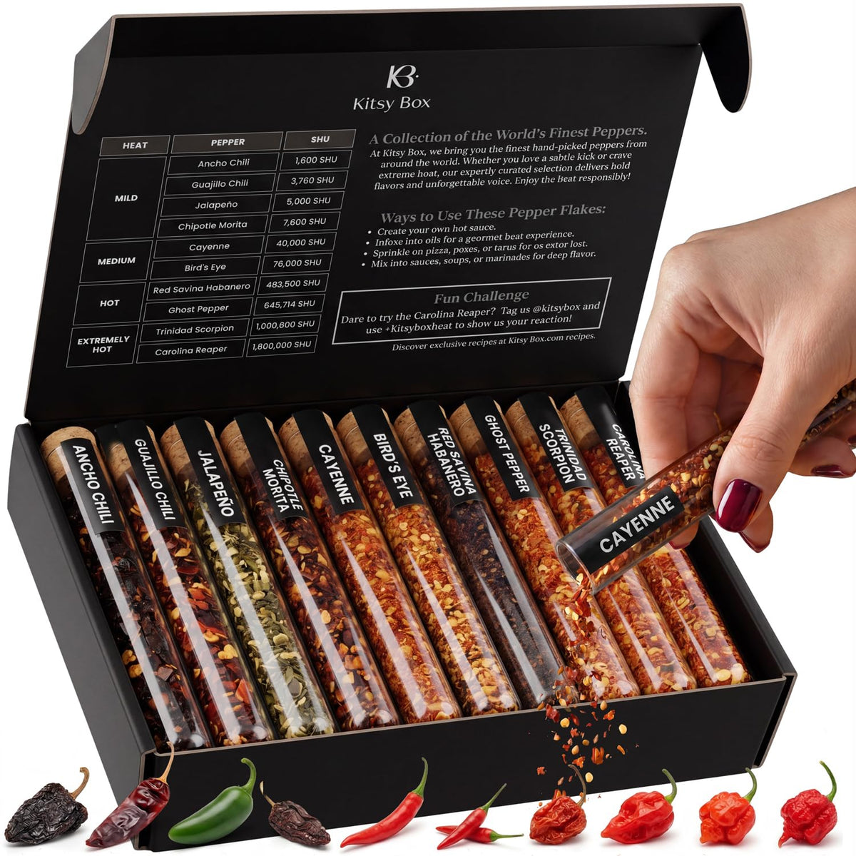 KITSY BOX Crushed Pepper Flakes Variety Pack front view, gift-ready for heat lovers