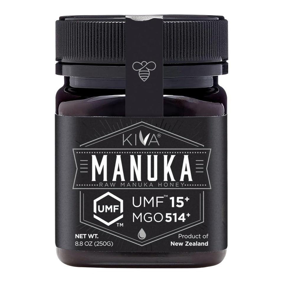 Kiva Raw Manuka Honey bottle front for everyday flavor and versatile uses.