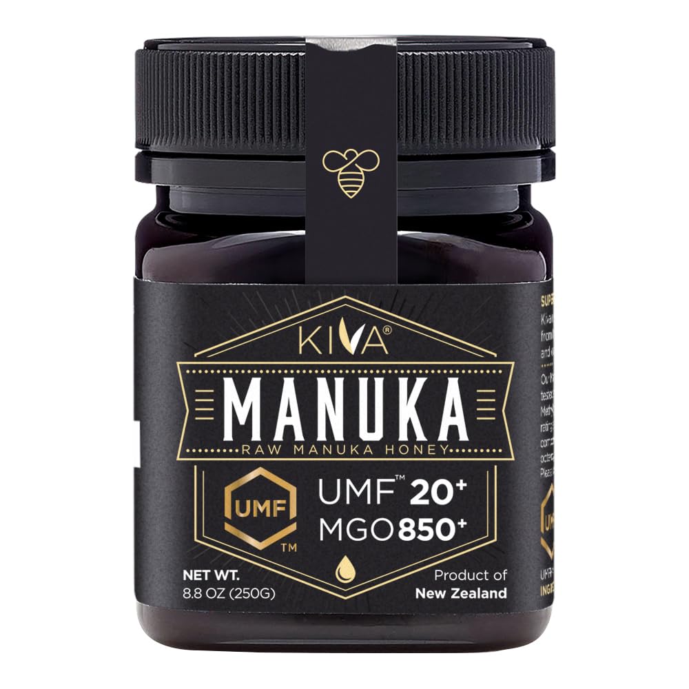 Kiva Raw Manuka Honey bottle with UMF 20+ label, signaling authenticity and premium taste.
