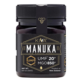 Kiva Raw Manuka Honey bottle with UMF 20+ label, signaling authenticity and premium taste.