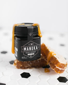 Kiva Raw Manuka Honey bottle label highlights authenticity and UMF/MGO marks.