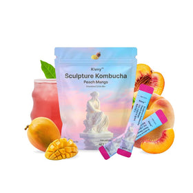 Kivvy Fizzy Probiotics Peach Mango bottle pour, sugar-free and refreshing.