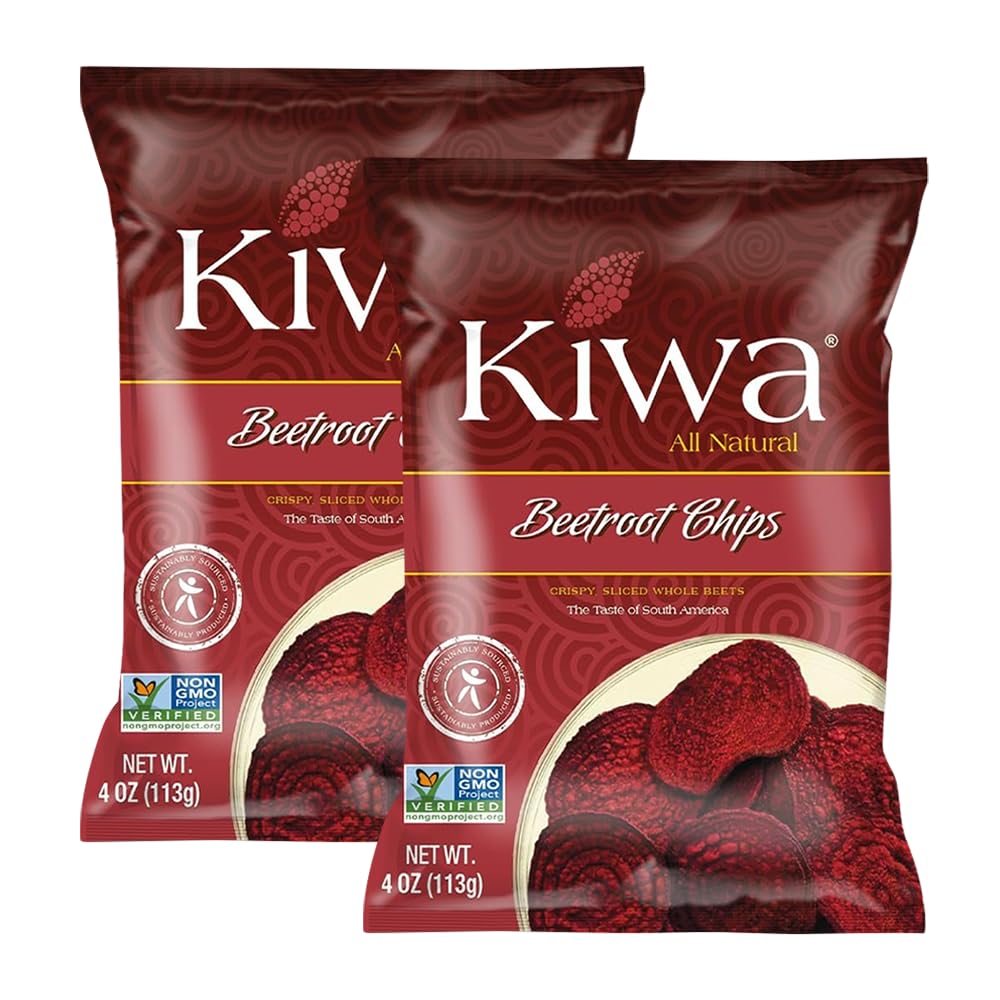 Kiwa Beetroot Chips 2-Pack bags show vibrant color and crisp texture for on-the-go snacking.