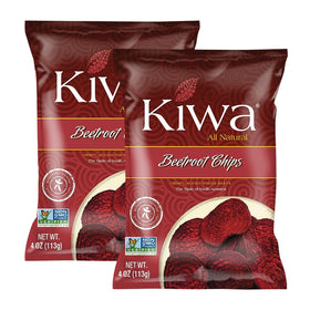 Kiwa Beetroot Chips 2-Pack bags show vibrant color and crisp texture for on-the-go snacking.