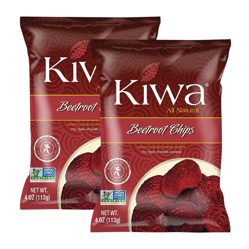 Kiwa Beetroot Chips 2-Pack bags show vibrant color and crisp texture for on-the-go snacking.
