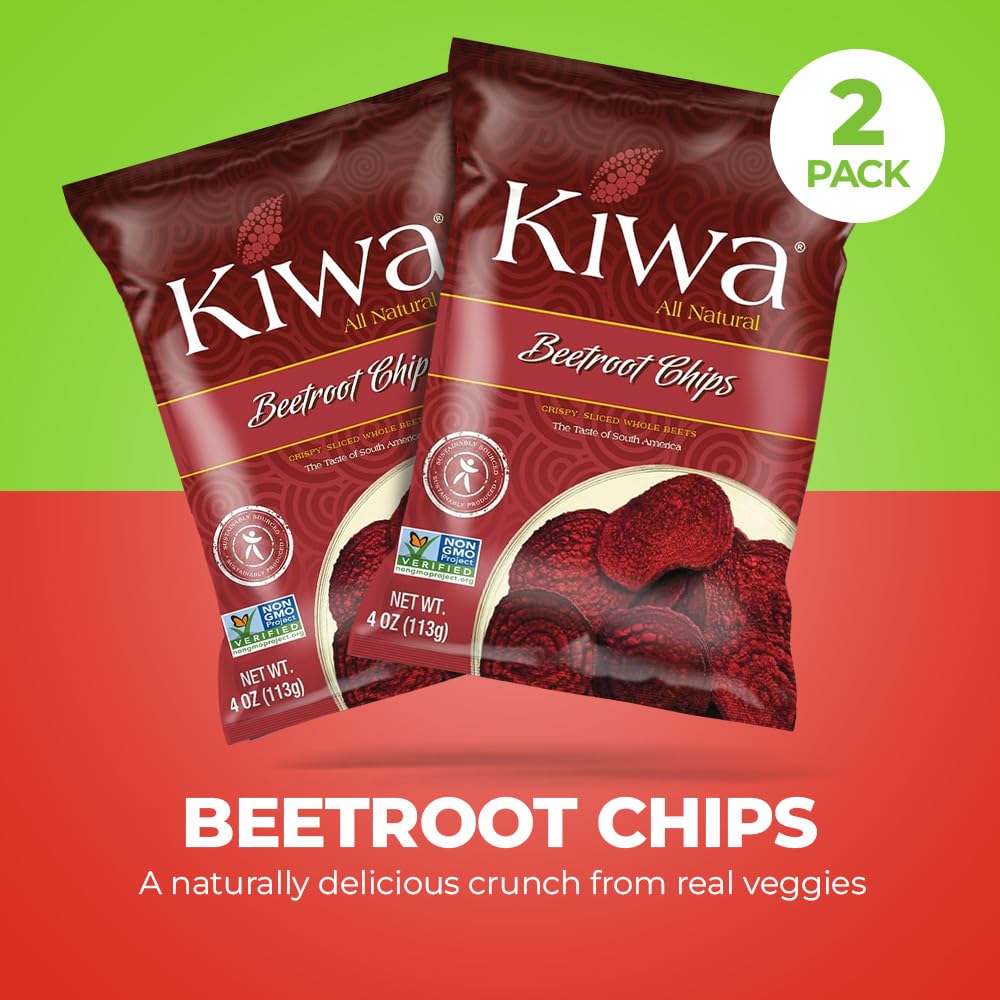 Close-up of Kiwa Beetroot Chips highlighting natural beet color and satisfying crunch.